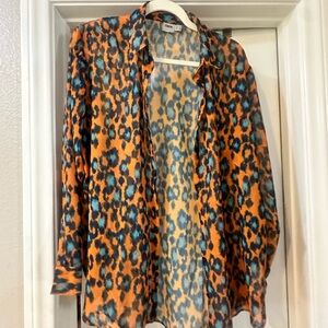 ASOS Teal and Orange Leopard Print Sheer Blouse